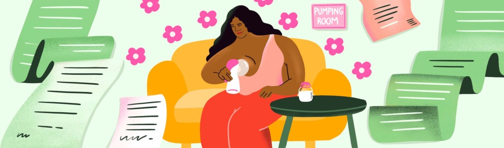An illustration of a parent using a breast pump in a dedicated pumping room.