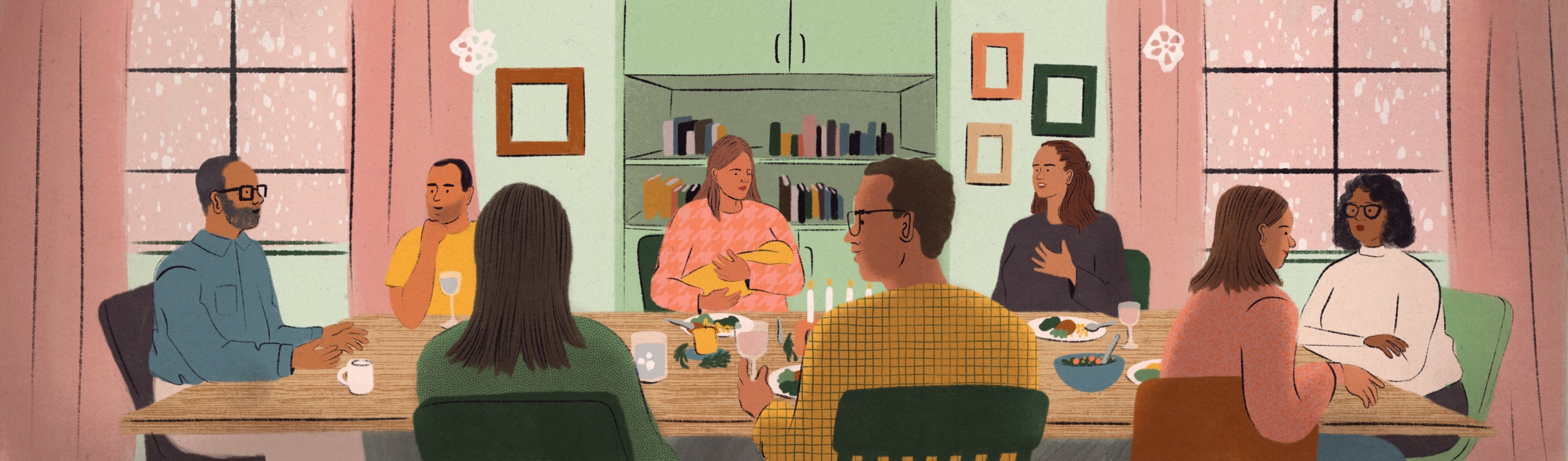 An illustration of a group gathered around a table, sharing a meal and conversation, representing community and connection.