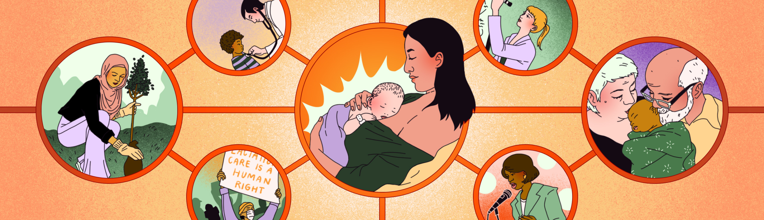 An illustration showing various acts of care and lactation rights.