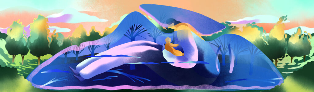A blue illustration of a parent holding a baby with a landscape of a mountain and trees in the background