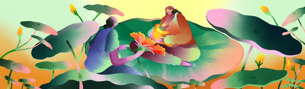 illustration of a IBCLC supporting a parent and child