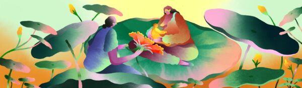 illustration of a IBCLC supporting a parent and child