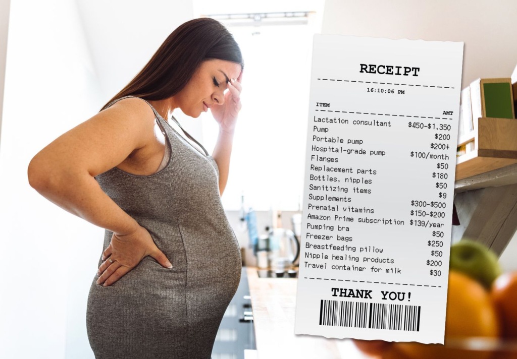 A pregnant parent looks at a receipt listing the high costs of store items, reflecting financial challenges.