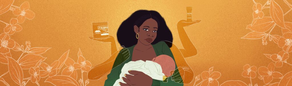 A green and orange illustration with a Black woman depicted in the center, holding a baby.