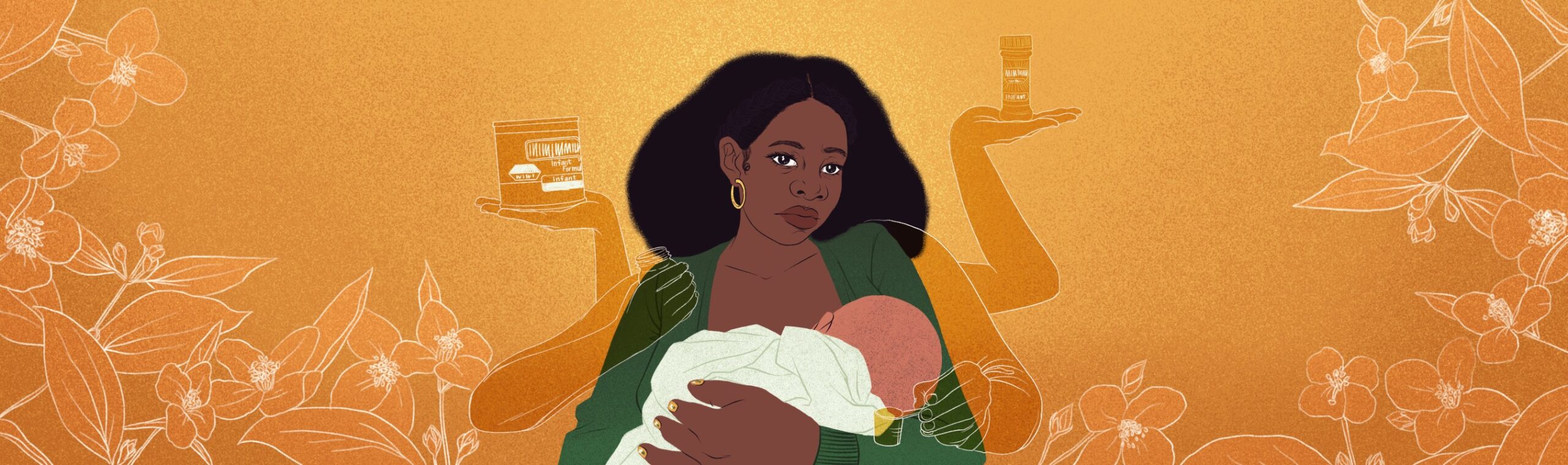 A green and orange illustration with a Black woman depicted in the center, holding a baby.