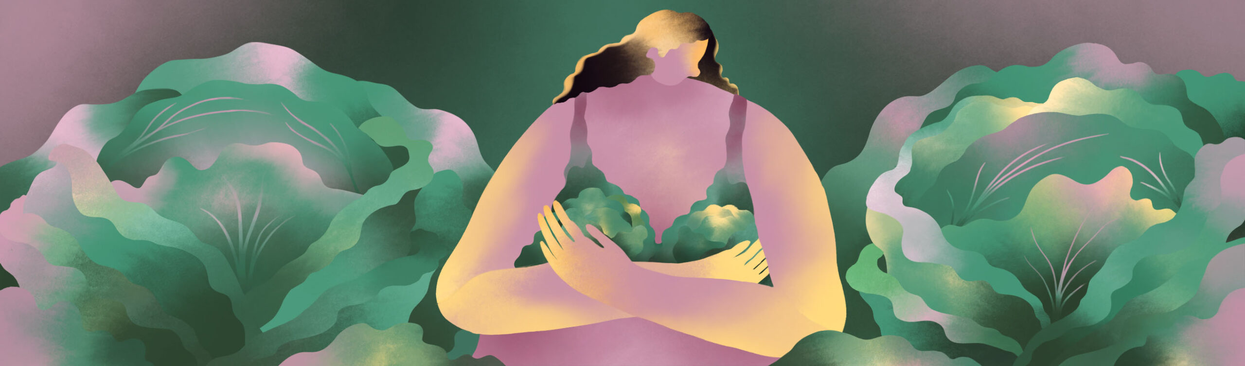 Illustration of a person holding swollen breasts