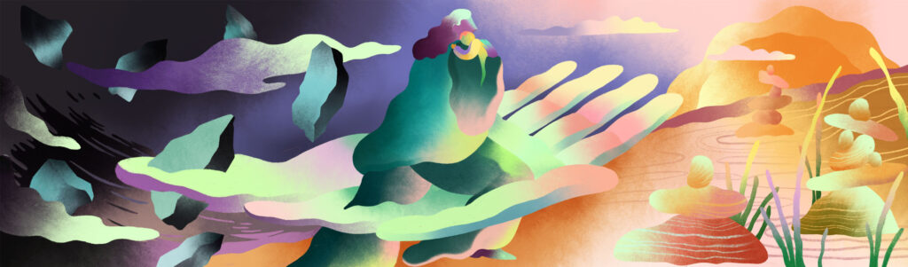 Abstract art shows a multicolored photo of a parent and child sitting in an open palm