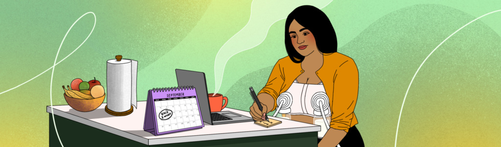 An illustration of a person planning their return to work while wearing a breast pump