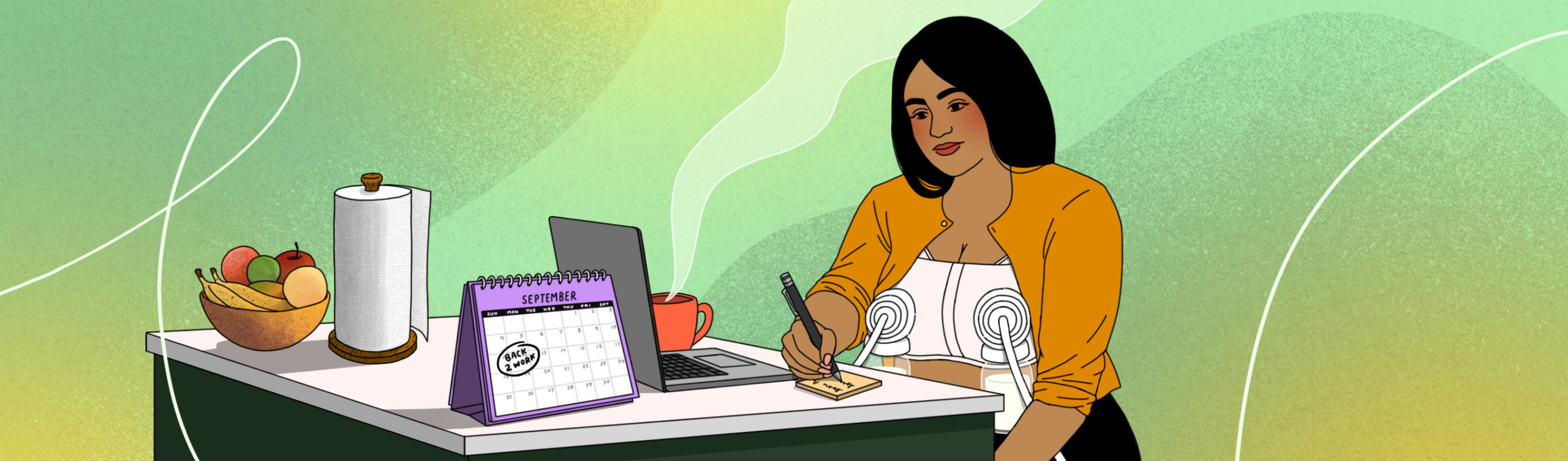 An illustration of a person planning their return to work while wearing a breast pump