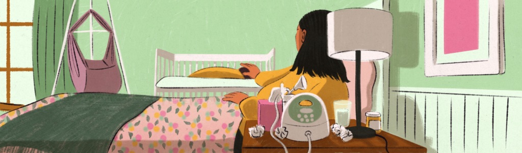 An illustration of a parent sitting on a bed with a breast pump nearby, caring for their child in a cozy room.
