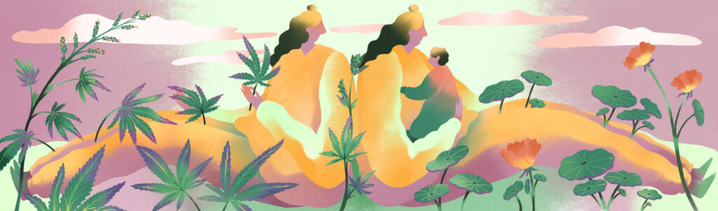 A colorful illustration of a parent with long black hair holding a baby