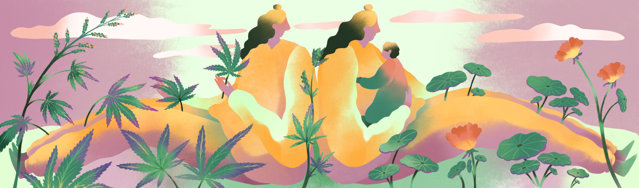 A colorful illustration of a parent with long black hair holding a baby
