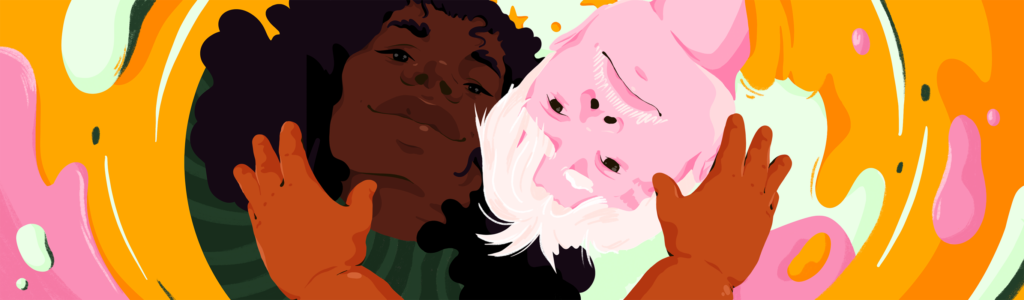 A vibrant, artistic illustration shows two parents looking down at their baby.