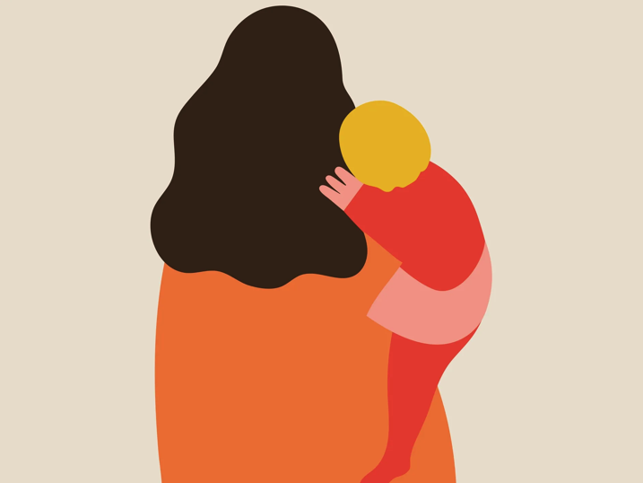 Abstract illustration of a child embracing their parent, representing affection and emotional bonding.
