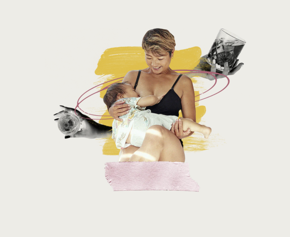 A collage of a parent breastfeeding with two images of a hand holding a beverage.