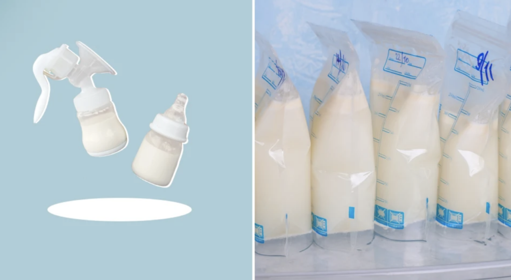 Bottles and storage bags filled with expressed breast milk, prepared for feeding or storage.