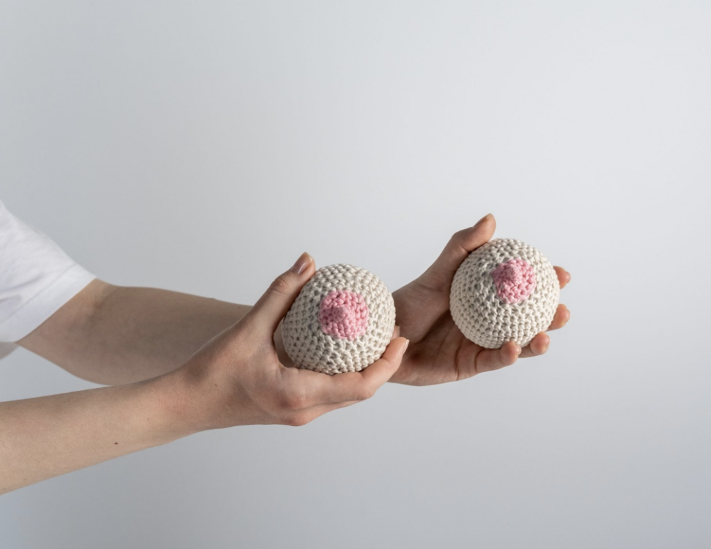 Two crochet breast models held in hands, used for breastfeeding education and lactation training.