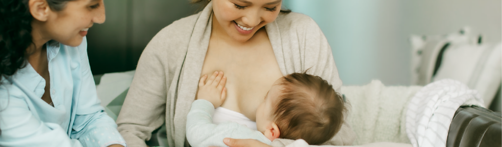 A parent breastfeeding an infant with the support of an International Board Certified Lactation Consultant, highlighting personalized care.